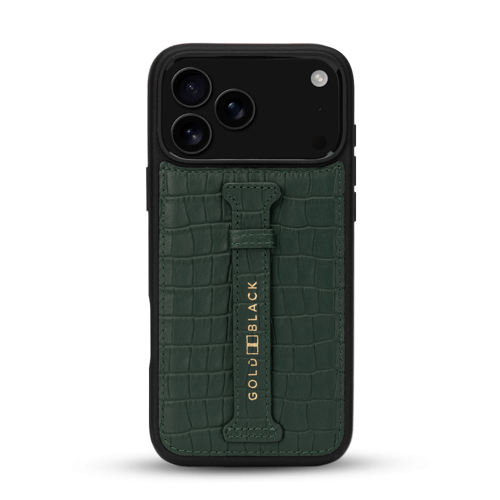 iPhone 17 Pro Max Lederhülle CrocPrestige - mit Fingerschlaufe - GOLDBLACKpremium