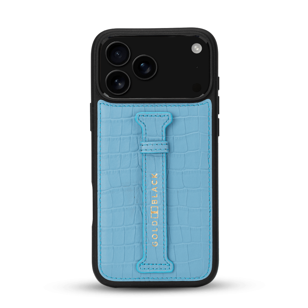 iPhone 17 Pro Max Lederhülle CrocPrestige - mit Fingerschlaufe - GOLDBLACKpremium