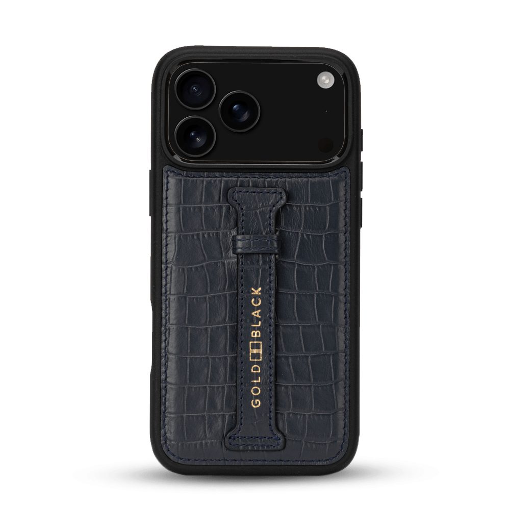 iPhone 17 Pro Max Lederhülle CrocPrestige - mit Fingerschlaufe - GOLDBLACKpremium