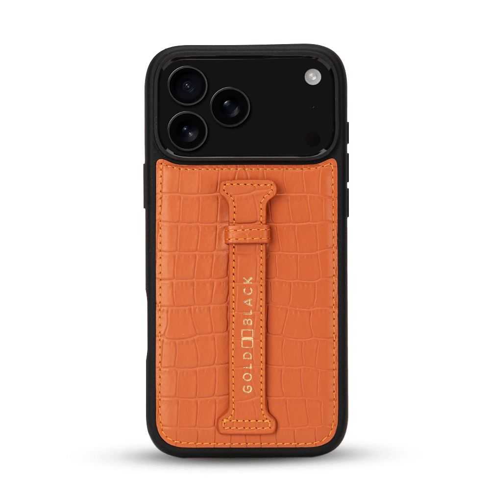 iPhone 17 Pro Max Lederhülle CrocPrestige - mit Fingerschlaufe - GOLDBLACKpremium