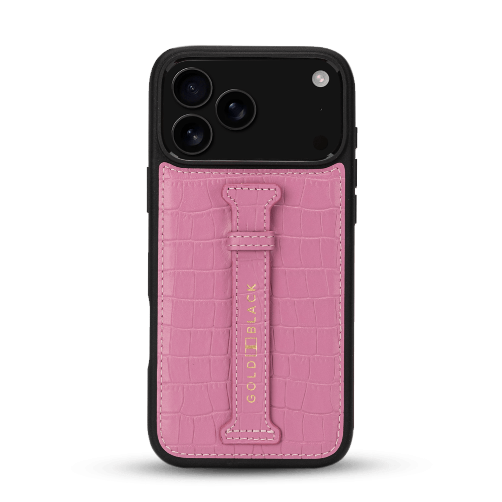 iPhone 17 Pro Max Lederhülle CrocPrestige - mit Fingerschlaufe - GOLDBLACKpremium