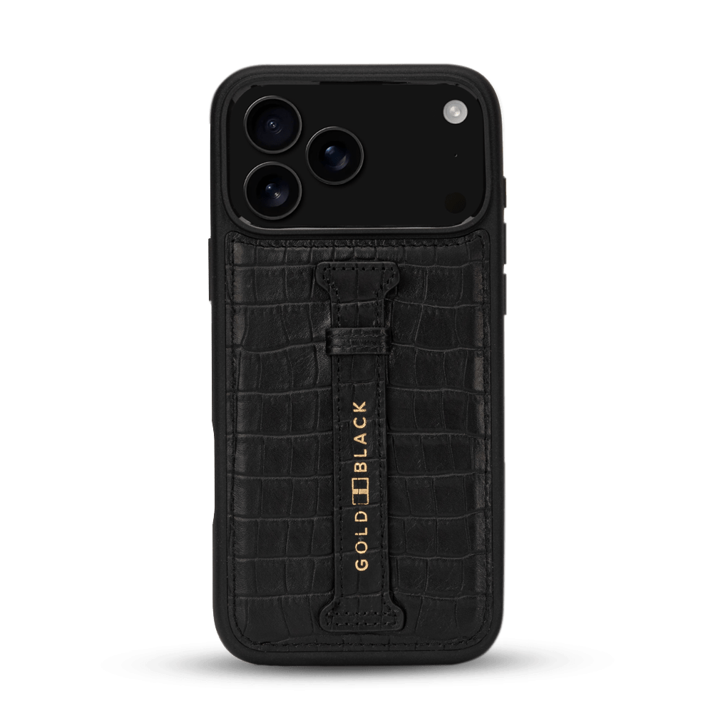 iPhone 17 Pro Max Lederhülle CrocPrestige - mit Fingerschlaufe - GOLDBLACKpremium