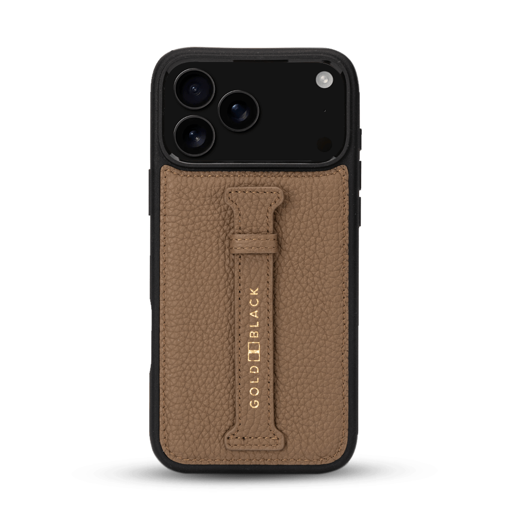 iPhone 17 Pro Max Lederhülle Nappa - mit Fingerschlaufe - GOLDBLACKpremium