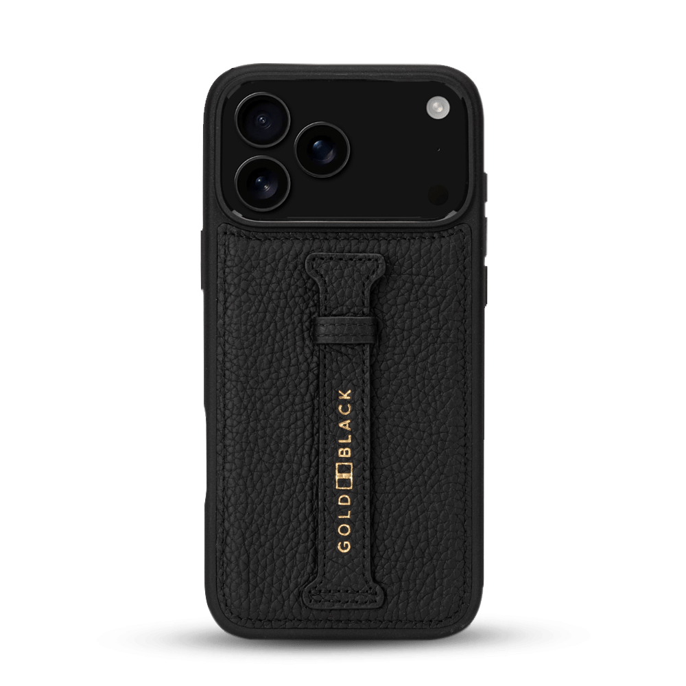 iPhone 17 Pro Max Lederhülle Nappa - mit Fingerschlaufe - GOLDBLACKpremium