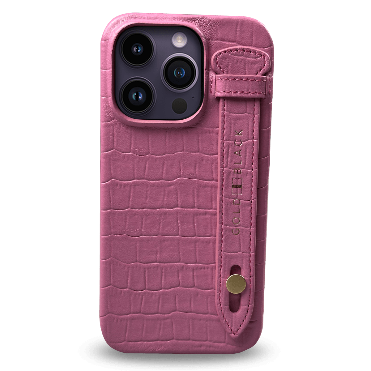 iPhone 14 Pro Slim Lederhülle Kroko-Prägung pink mit Fingerschlaufe - GOLDBLACKpremium