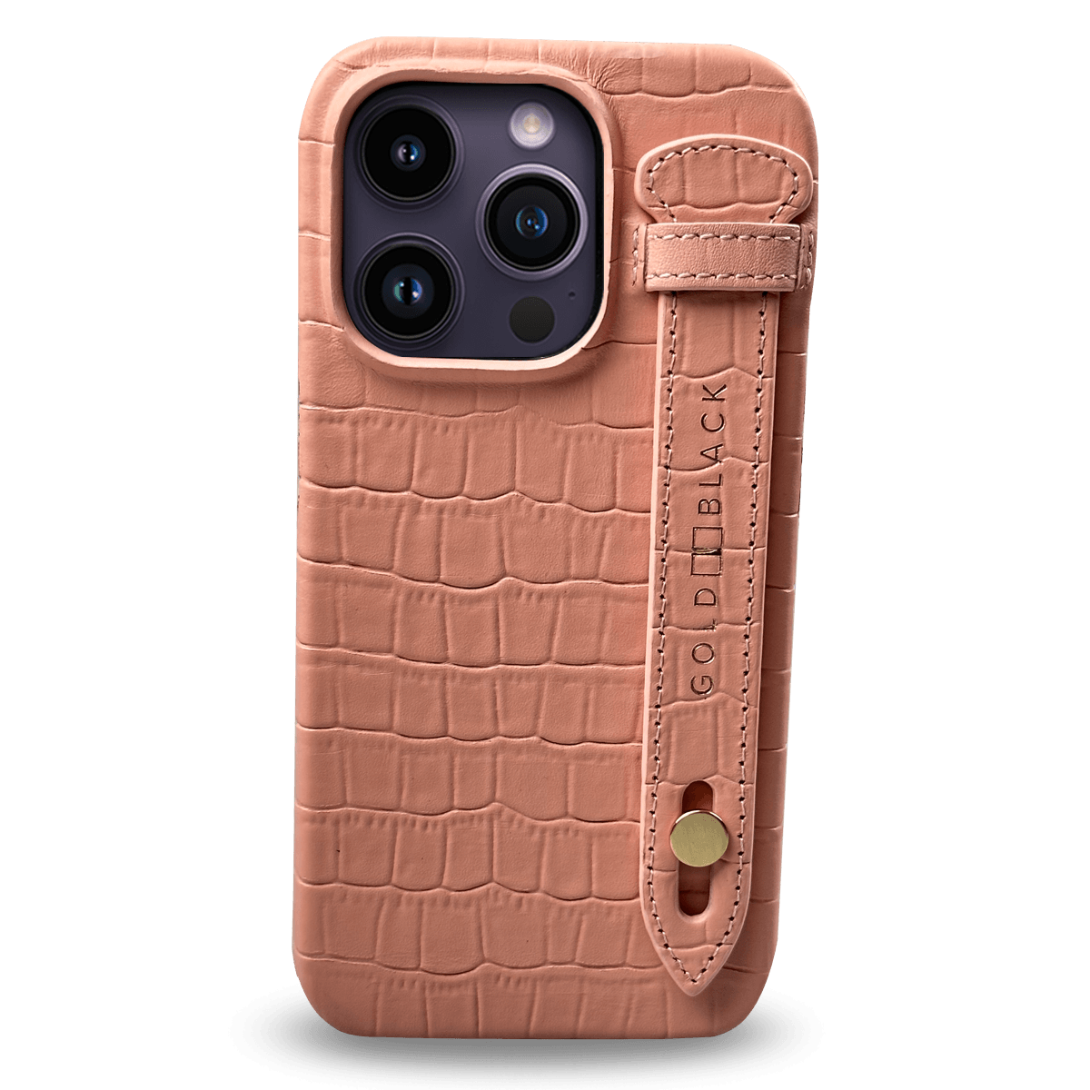 iPhone 14 Pro Slim Lederhülle Kroko-Prägung lachsrosa mit Fingerschlaufe - GOLDBLACKpremium