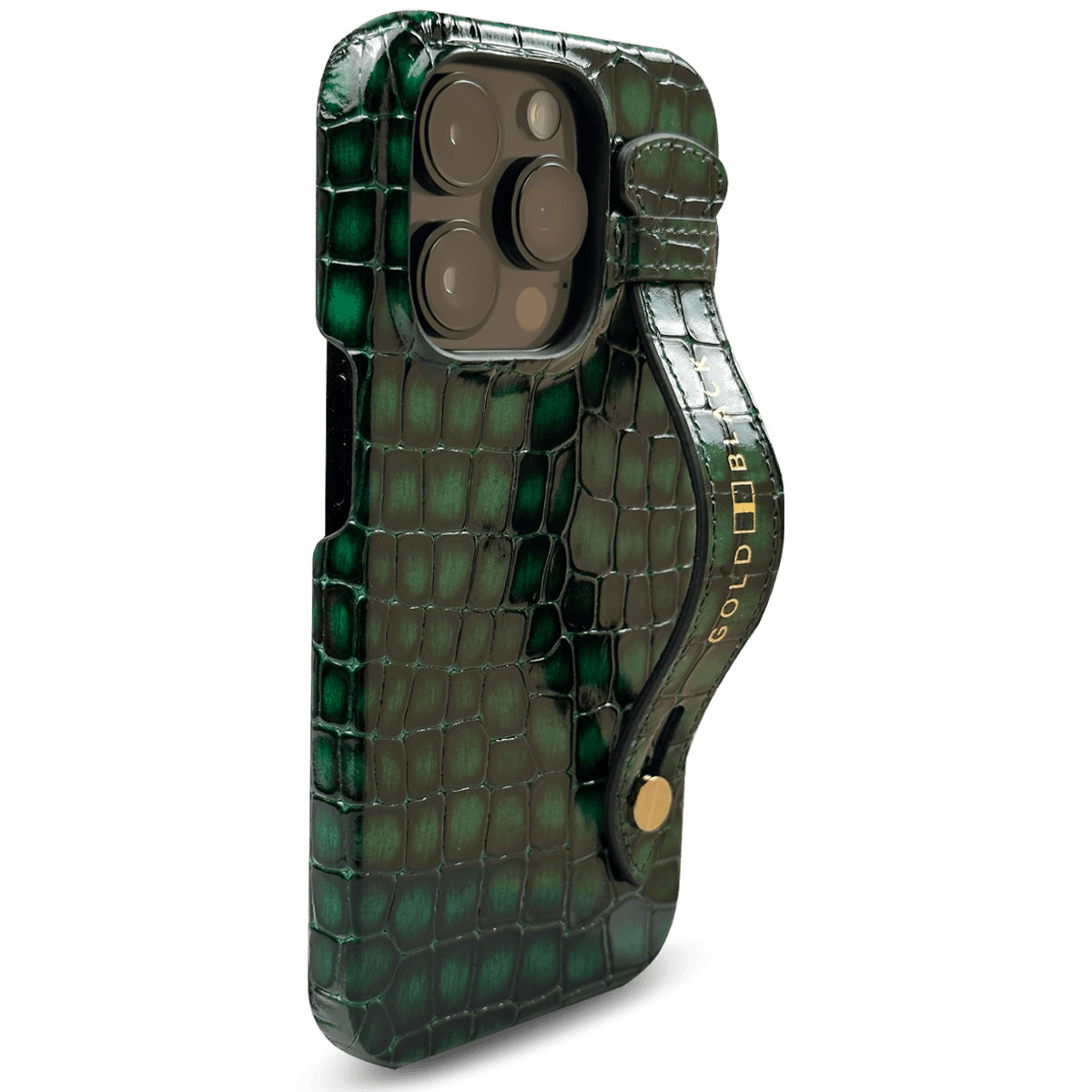 iPhone 14 Pro Slim Lederhülle MILANO-Design grün mit Fingerschlaufe - GOLDBLACKpremium