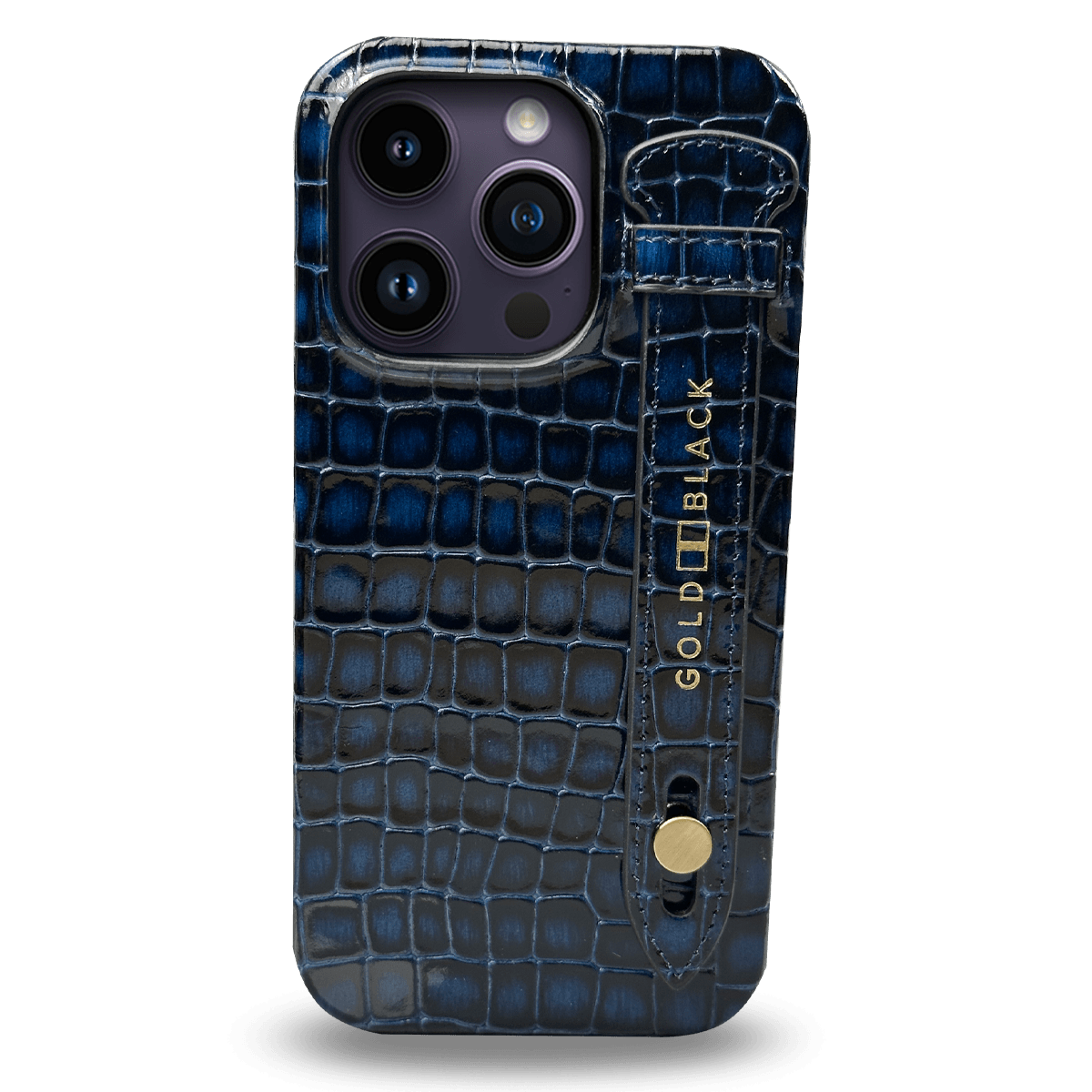 iPhone 14 Pro Slim Lederhülle MILANO-Design blau mit Fingerschlaufe - GOLDBLACKpremium