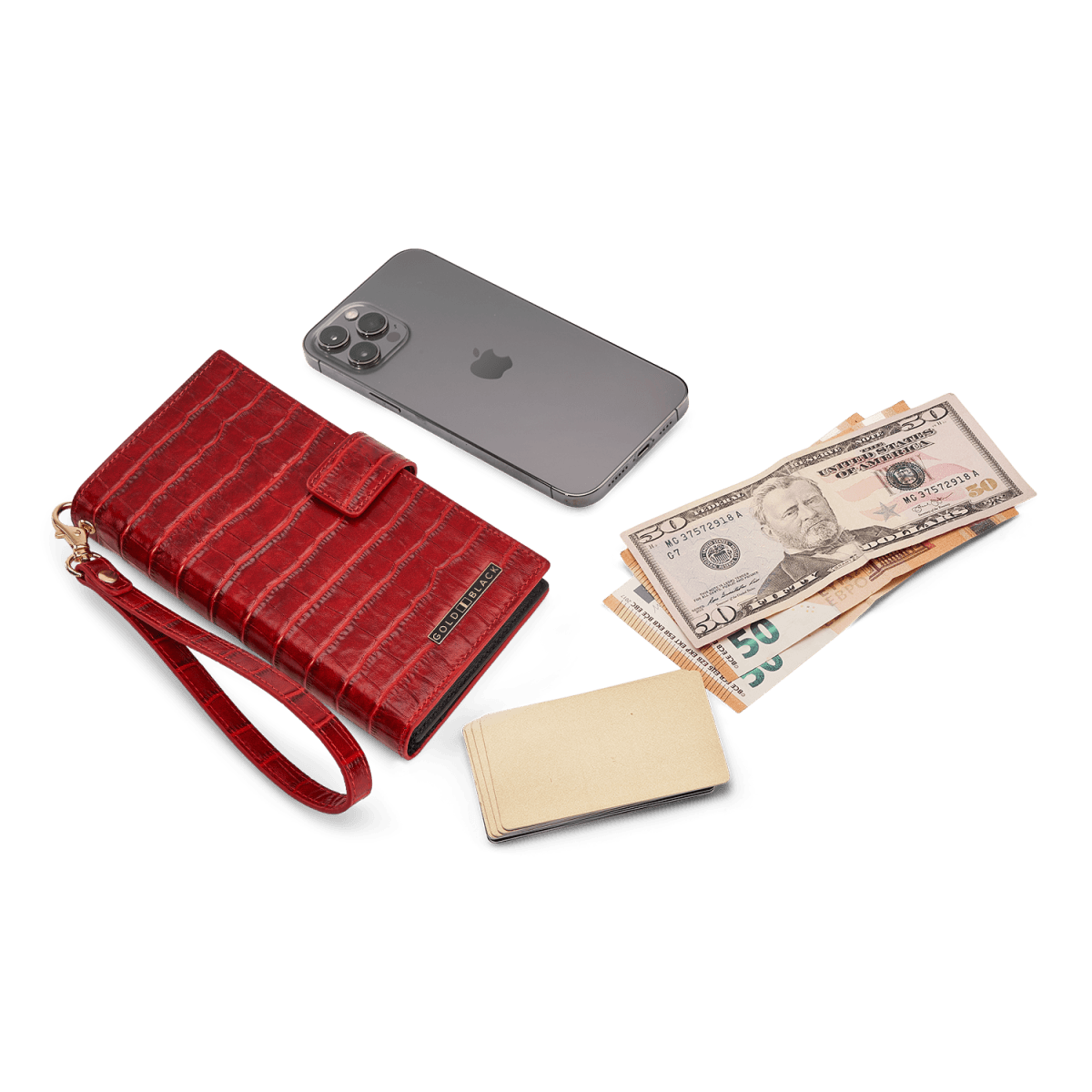 Billion Geldbörse mit Handyfach aus Leder Kroko-Prägung Rot - GOLDBLACKpremium