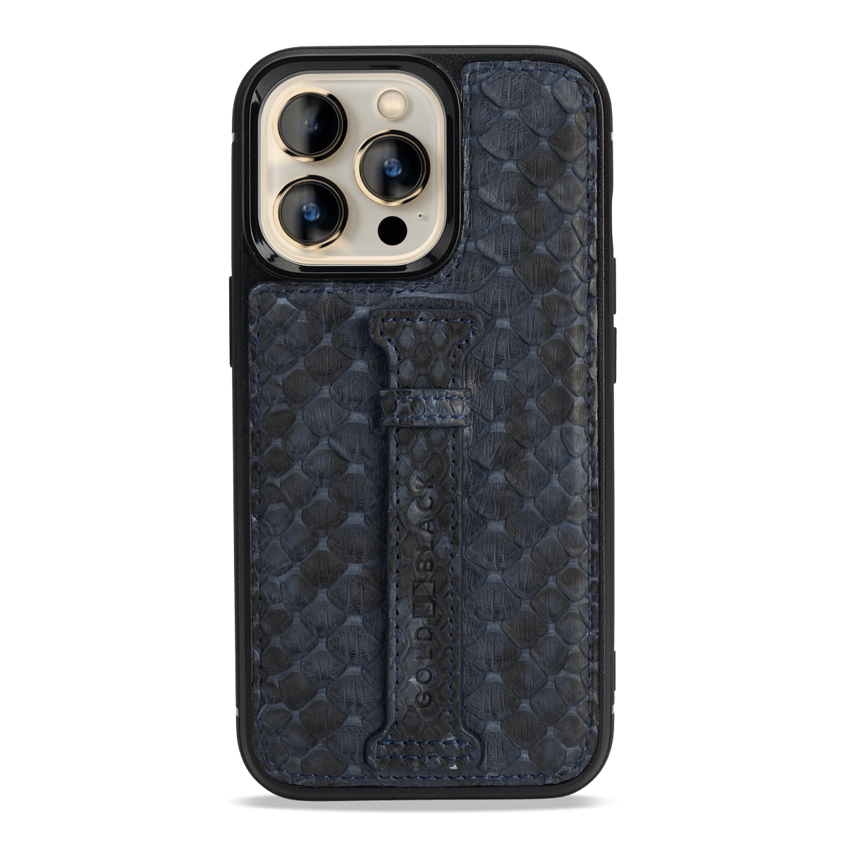 iPhone 13 Pro Leder Case mit Fingerschlaufe Python navy blau - GOLDBLACKpremium