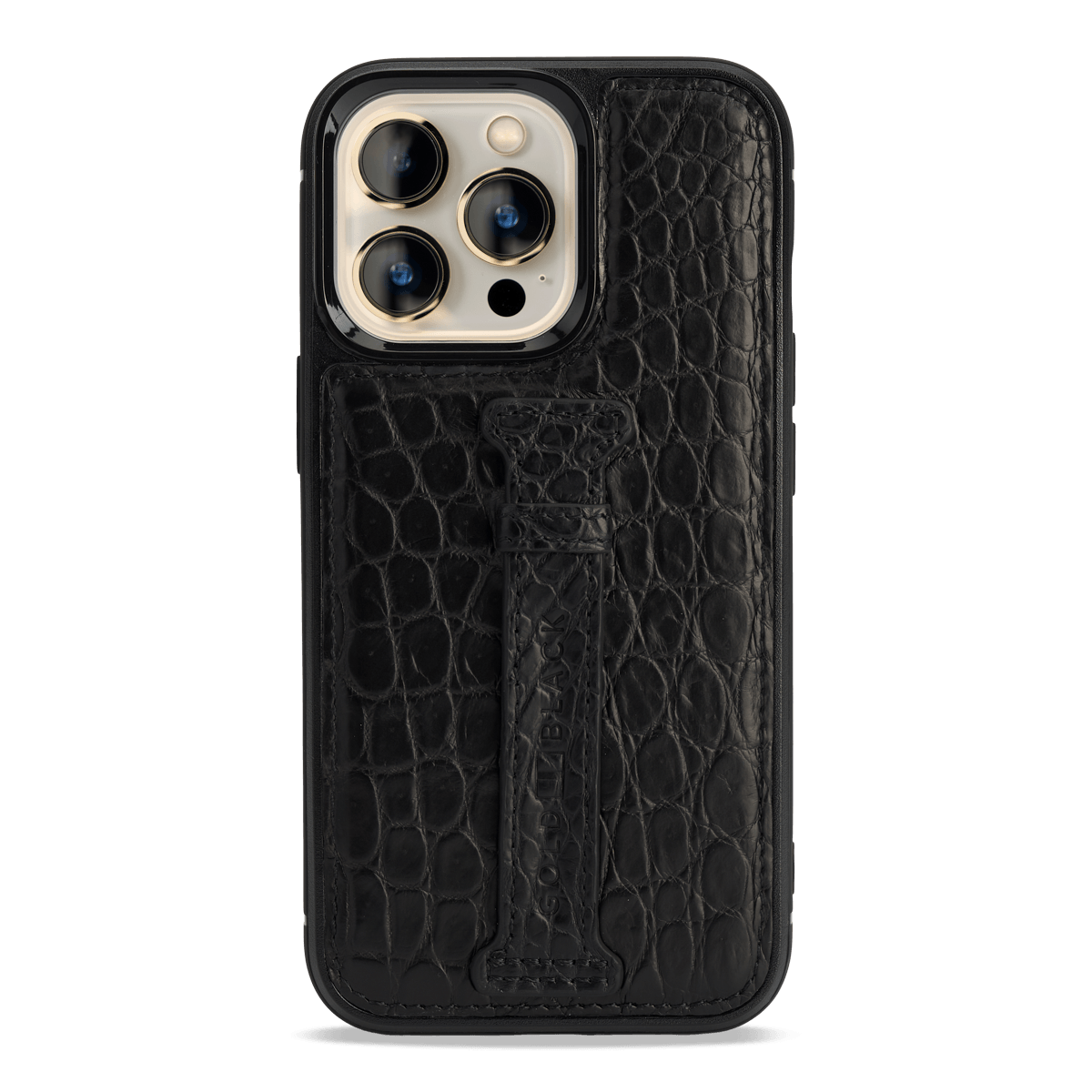 iPhone 13 Pro Leder Case mit Fingerschlaufe Krokodil schwarz - GOLDBLACKpremium