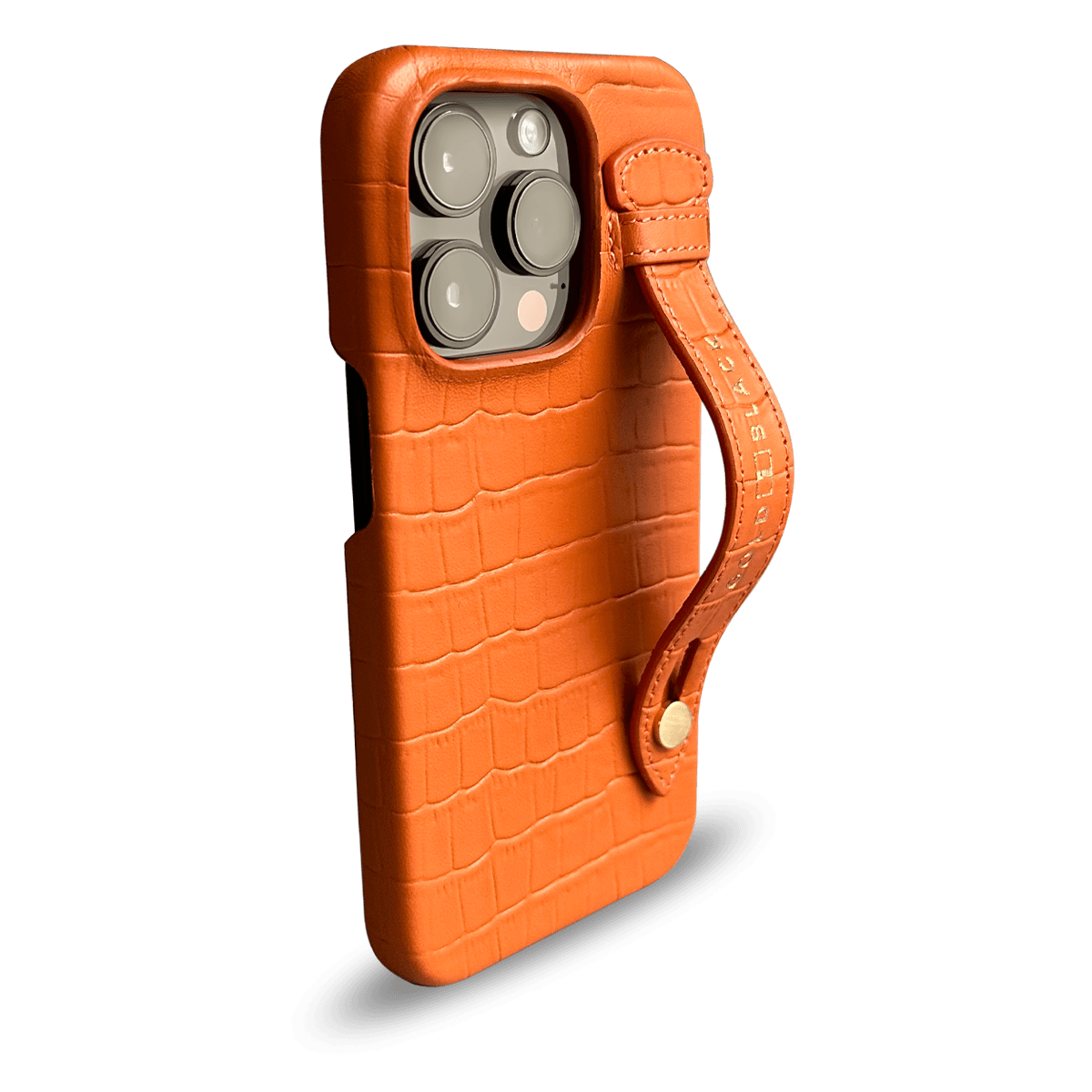 iPhone 14 Pro Slim Lederhülle Kroko-Prägung orange mit Fingerschlaufe - GOLDBLACKpremium