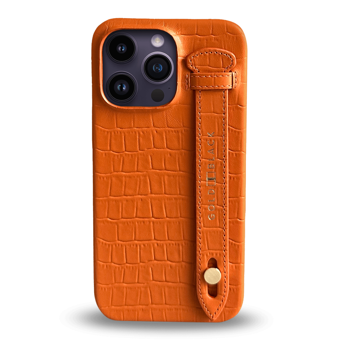 iPhone 14 Pro Max Slim Lederhülle Kroko-Prägung orange mit Fingerschlaufe - GOLDBLACKpremium