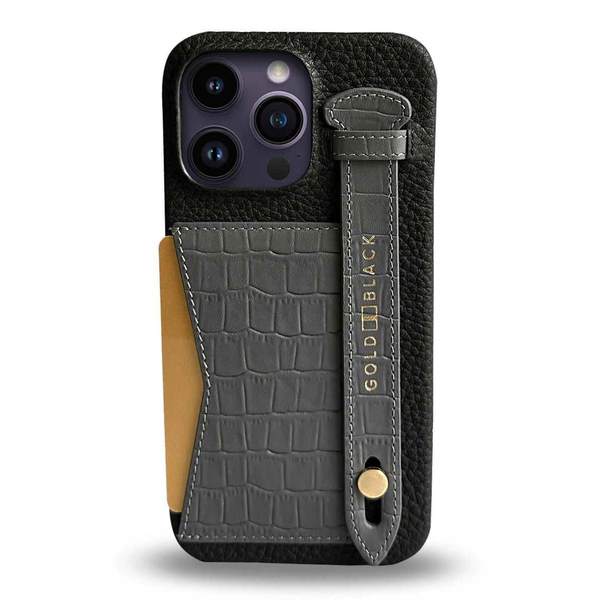 iPhone 14 Pro Max Slim Lederhülle Kroko-Prägung grau mit Kartenetui und Schlaufe - GOLDBLACKpremium