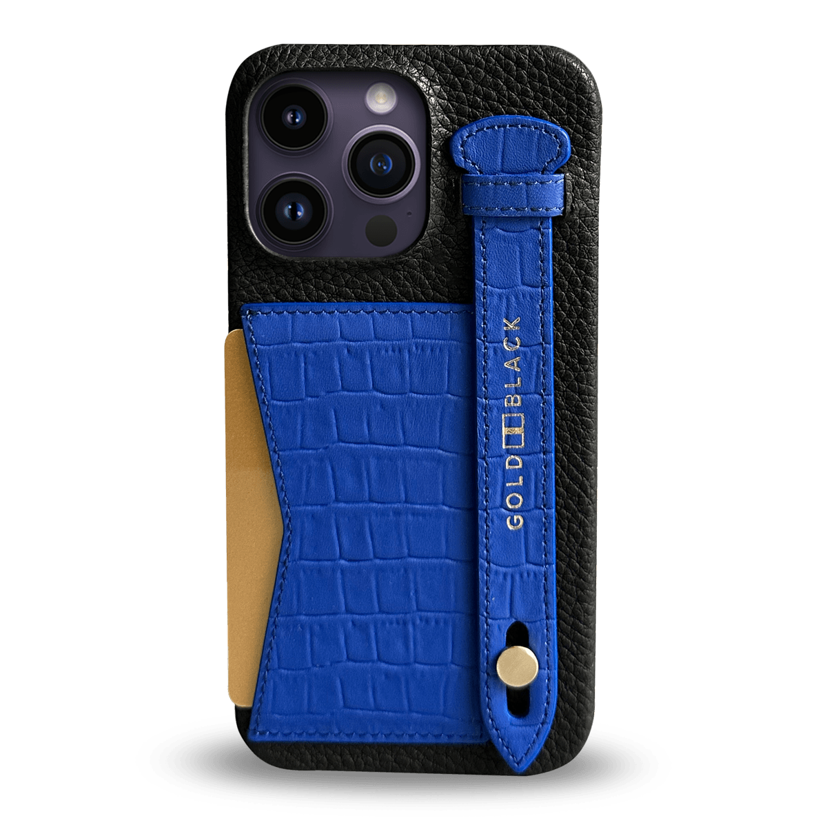 iPhone 14 Pro Max Slim Lederhülle Kroko-Prägung Blau mit Kartenetui und Schlaufe - GOLDBLACKpremium