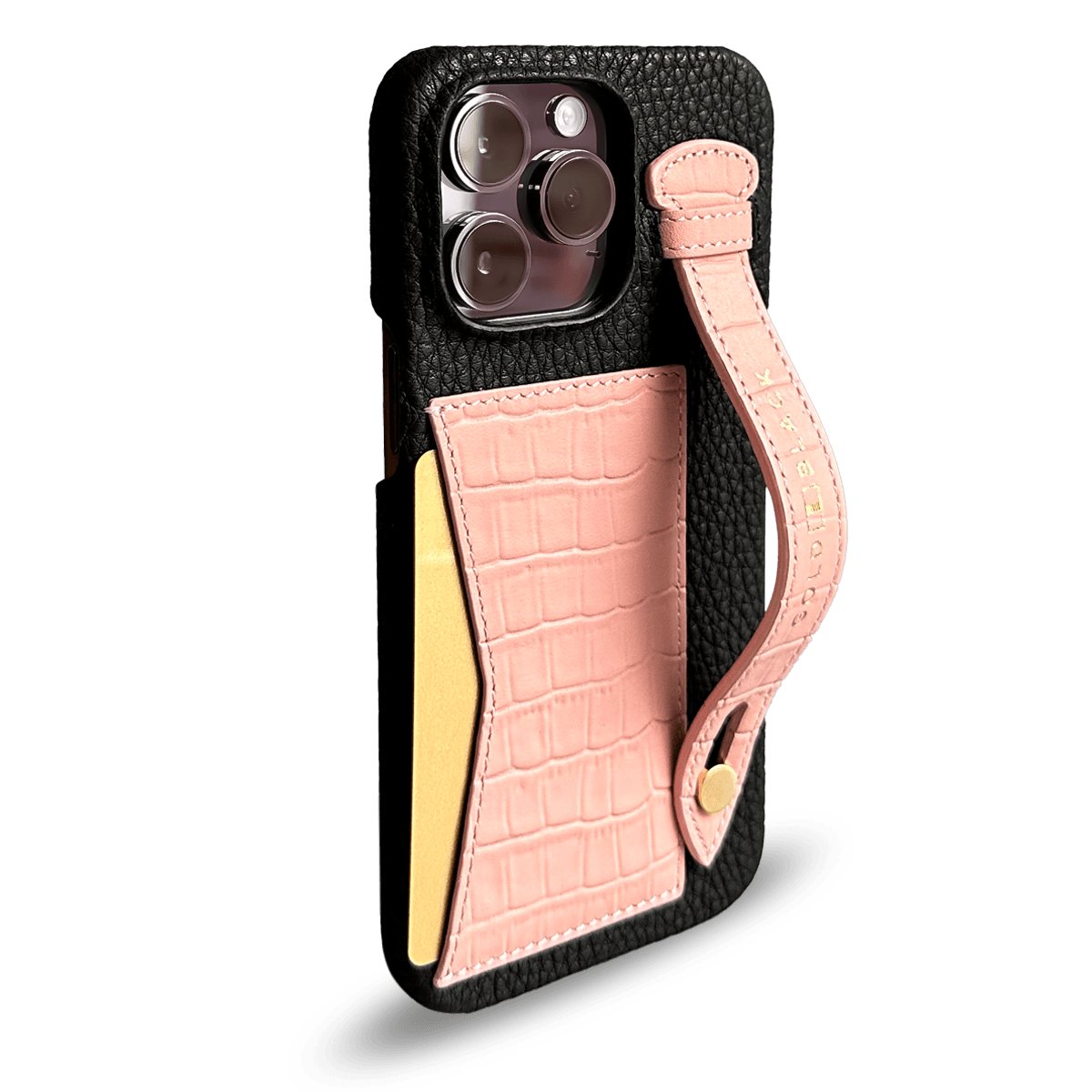 iPhone 14 Pro Max Slim Lederhülle Kroko-Prägung lachsrosa mit Kartenetui und Schlaufe - GOLDBLACKpremium