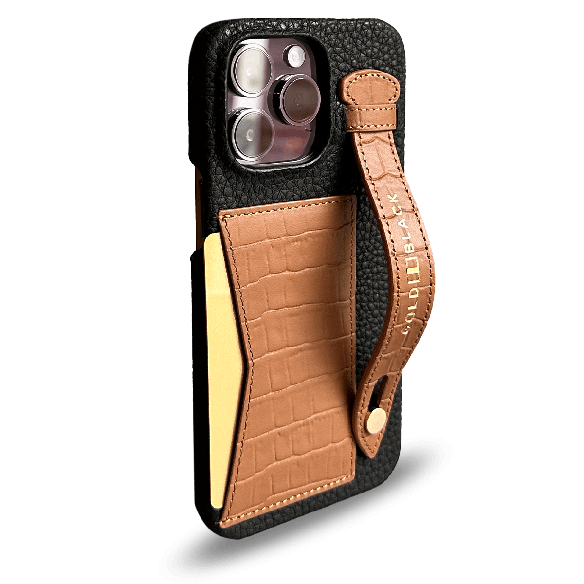 iPhone 14 Pro Max Slim Lederhülle Kroko-Prägung braun beige mit Kartenetui und Schlaufe - GOLDBLACKpremium