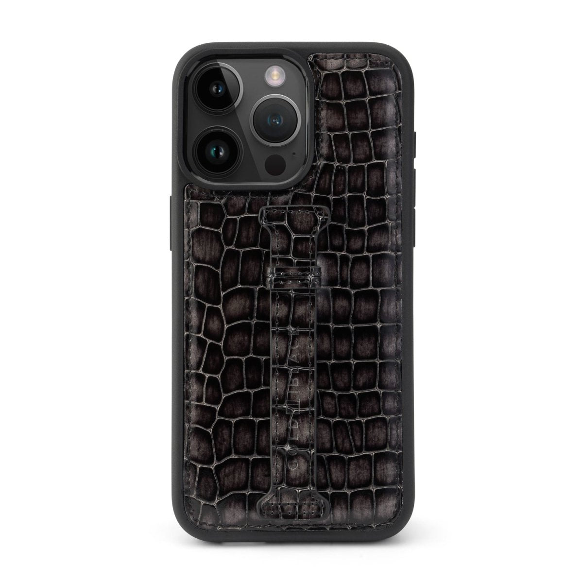 iPhone 16 Pro Max Lederhülle Milano - Design grau mit Fingerschlaufe - GOLDBLACKpremium