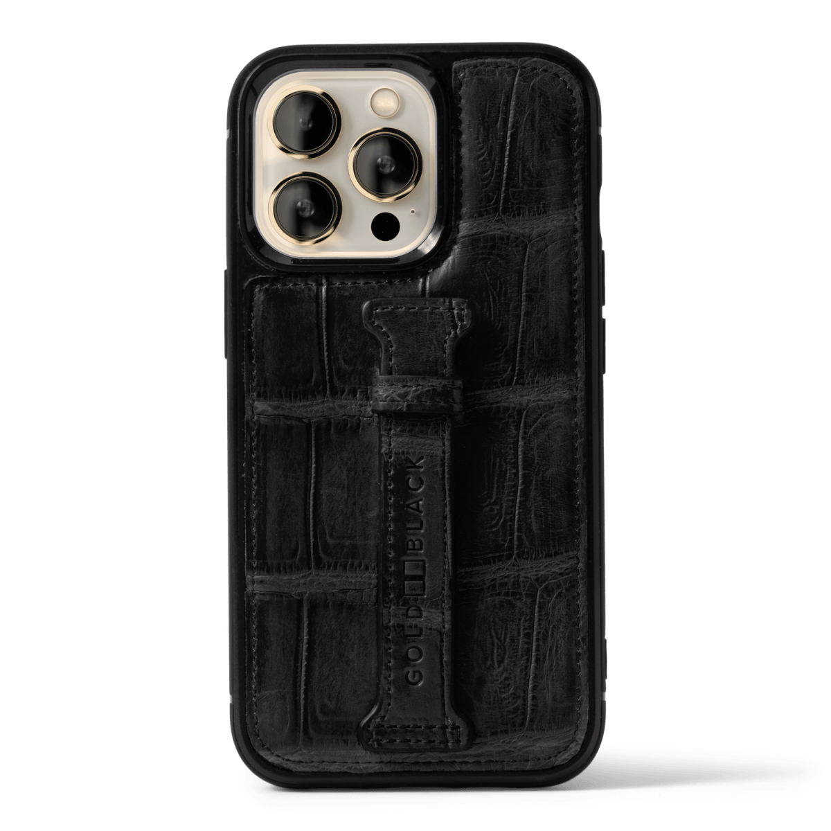 iPhone 13 Pro Case mit Fingerschlaufe Krokodilleder Schwarz Limited Edition - GOLDBLACKpremium