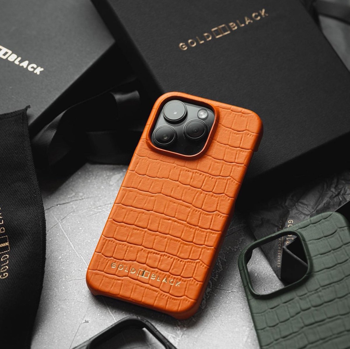 iPhone 14 Pro Slim Lederhülle Kroko-Prägung orange - GOLDBLACKpremium