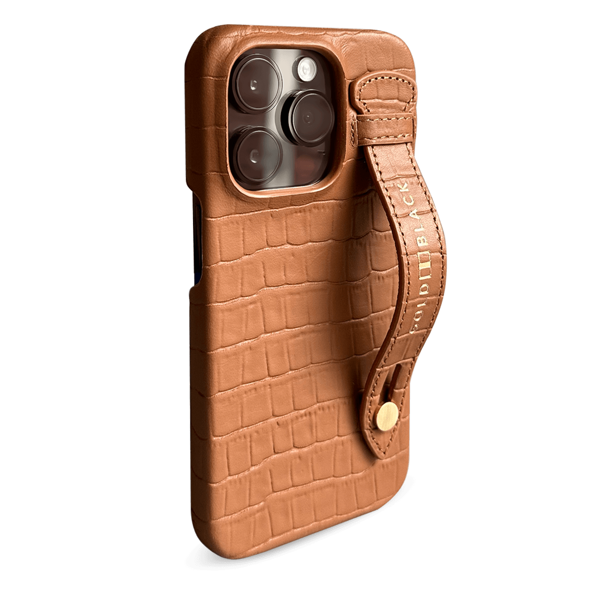 iPhone 14 Pro Slim Lederhülle Kroko-Prägung braun beige mit Fingerschlaufe - GOLDBLACKpremium