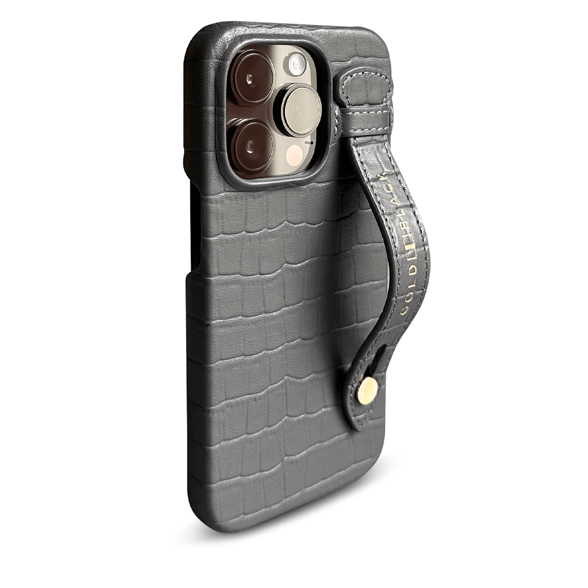 iPhone 14 Pro Slim Lederhülle Kroko-Prägung Grau mit Fingerschlaufe - GOLDBLACKpremium