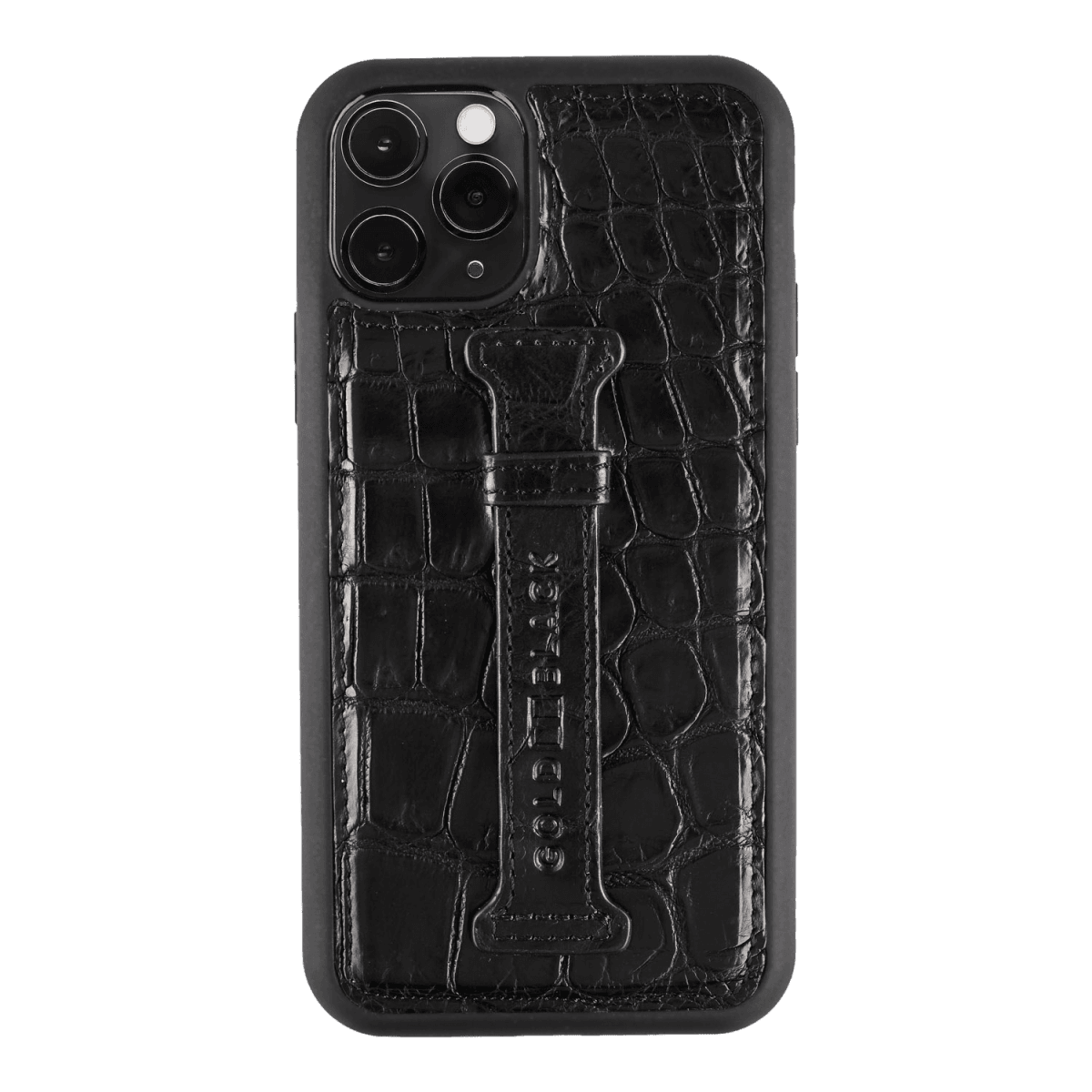 iPhone 11 Pro Lederhülle Mit Fingerschlaufe Krokodilleder Schwarz - GOLDBLACKpremium