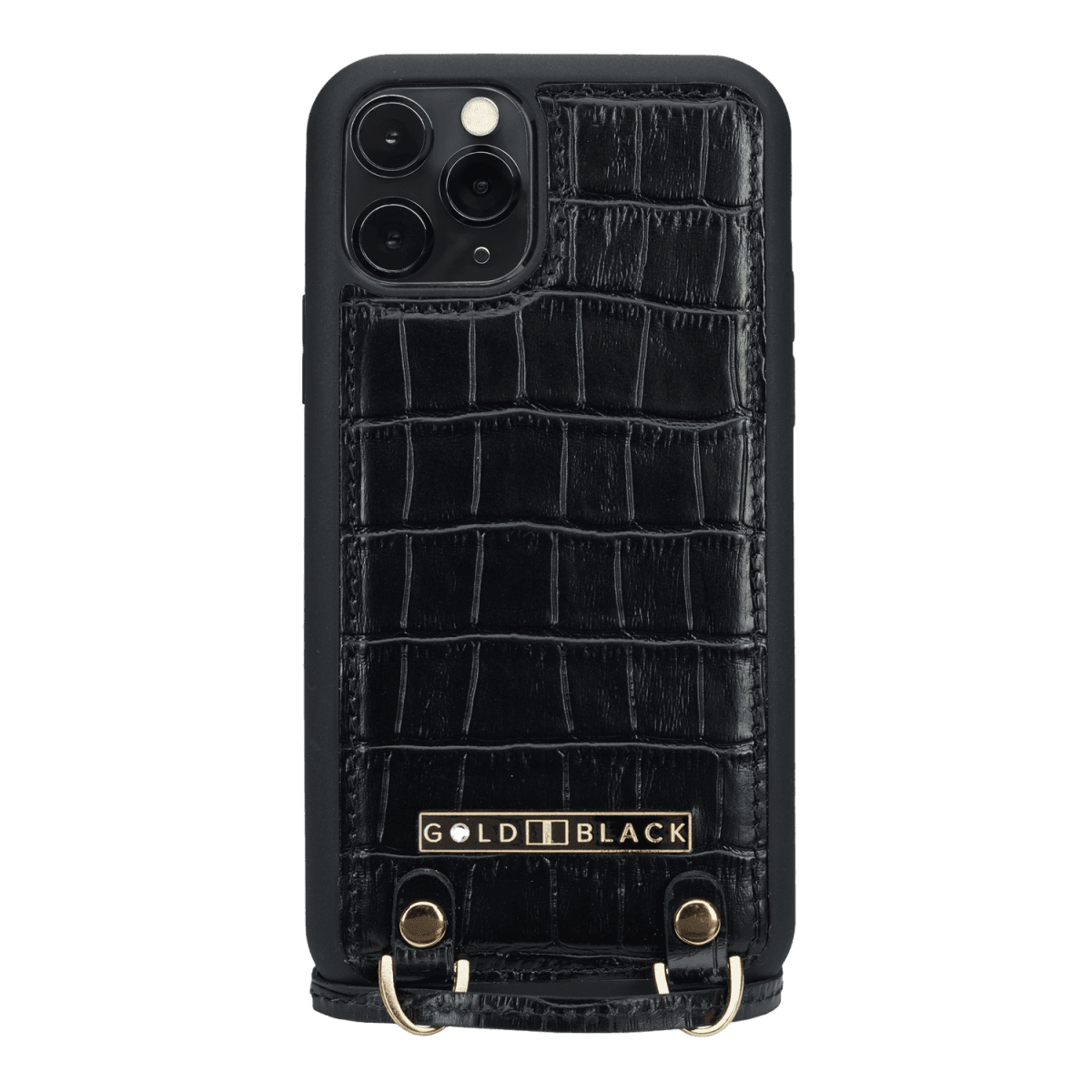iPHONE 11 PRO LEDERHÜLLE MIT NECKLACE KROKO-PRÄGUNG SCHWARZ - GOLDBLACKpremium