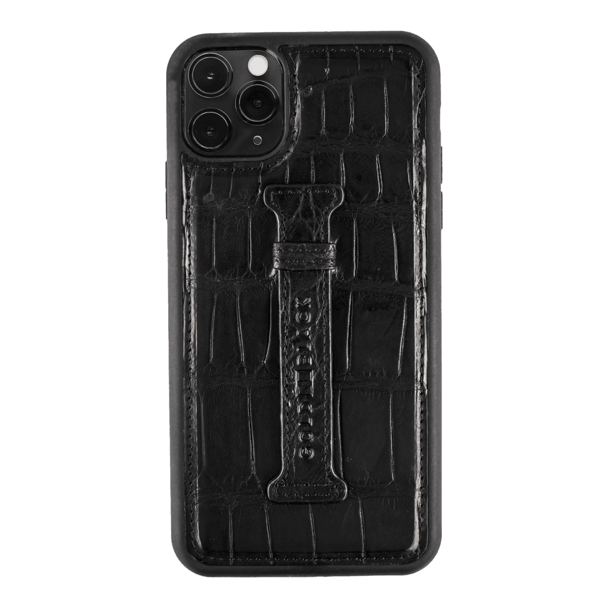 iPhone 11 Pro Max Lederhülle mit Fingerschlaufe Krokodilleder Schwarz - GOLDBLACKpremium