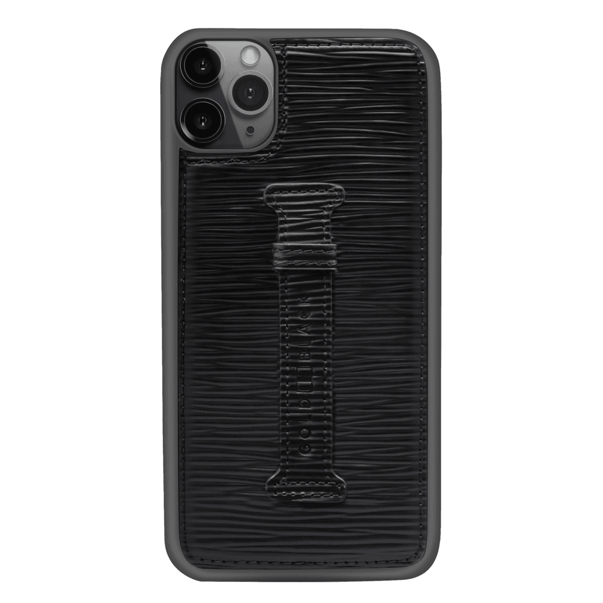 iPhone 11 Pro Max Lederhülle mit Fingerschlaufe UNICO-Prägung  Schwarz - GOLDBLACKpremium