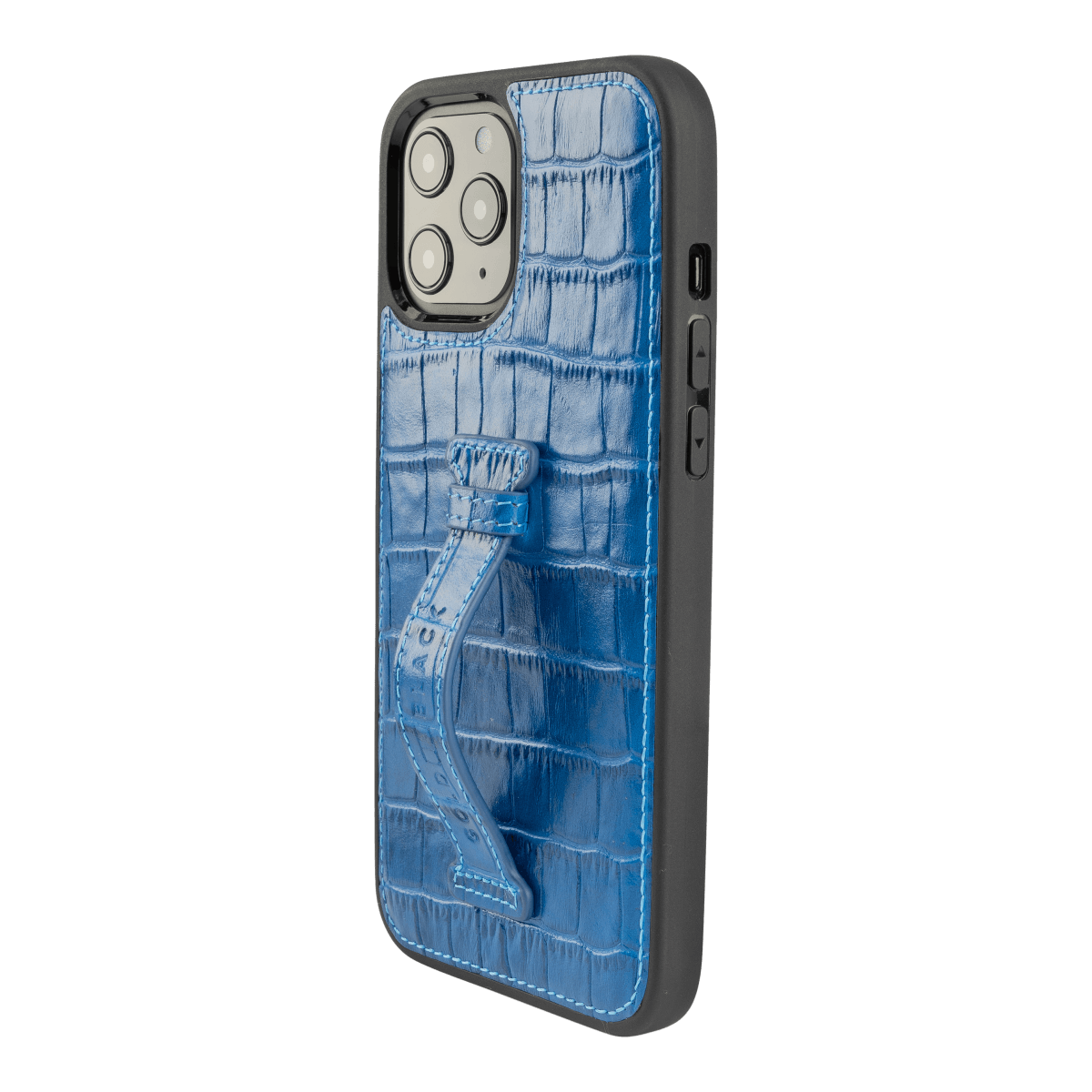 iPhone 12 Pro Max Lederhülle mit Fingerschlaufe Croco Blau - GOLDBLACKpremium