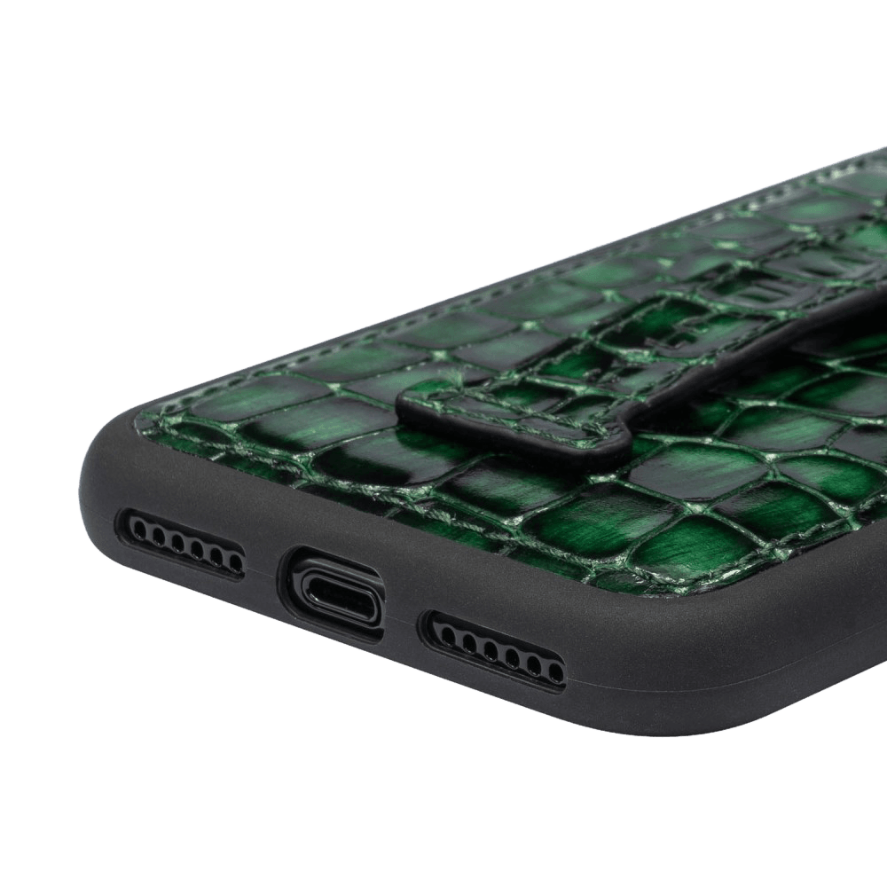 iPHONE 11 PRO LEDERHÜLLE MIT FINGERSCHLAUFE MILANO-Design GRÜN - GOLDBLACKpremium