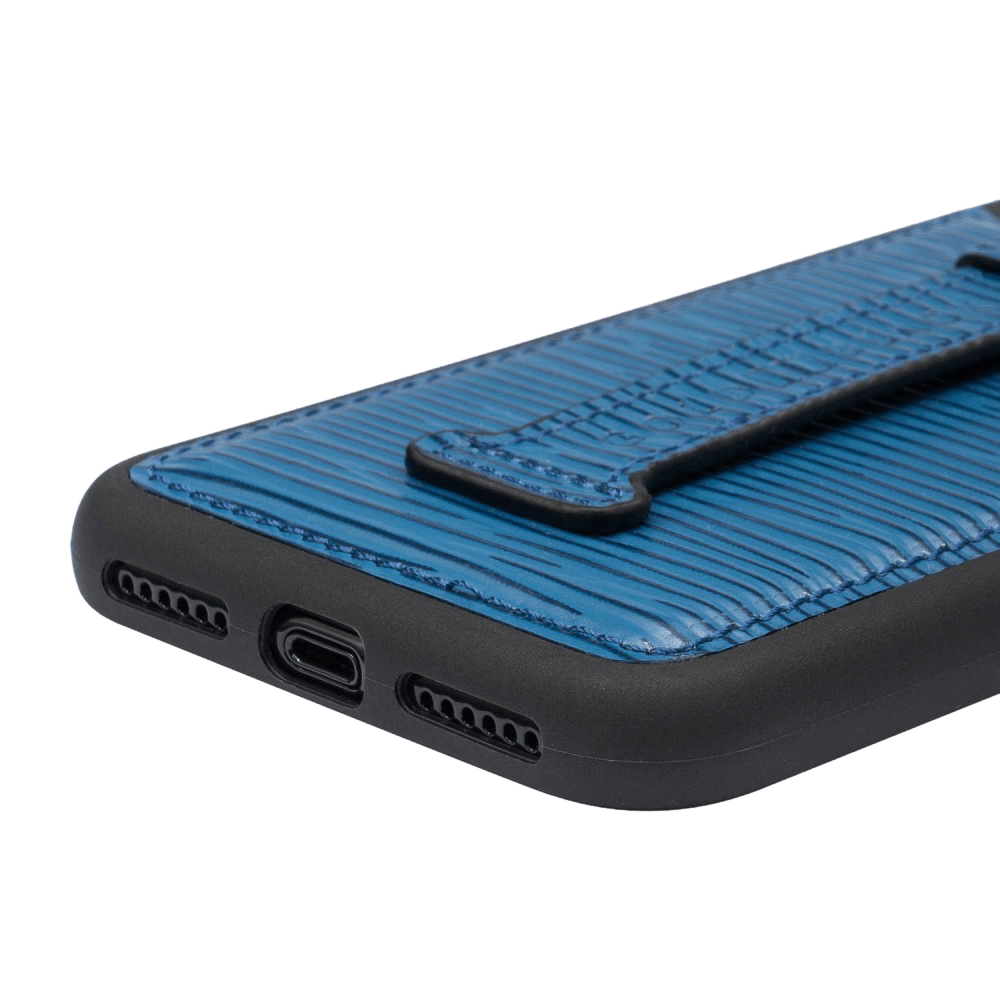 iPHONE 11 PRO LEDERHÜLLE MIT FINGERSCHLAUFE UNICO-Prägung BLAU - GOLDBLACKpremium