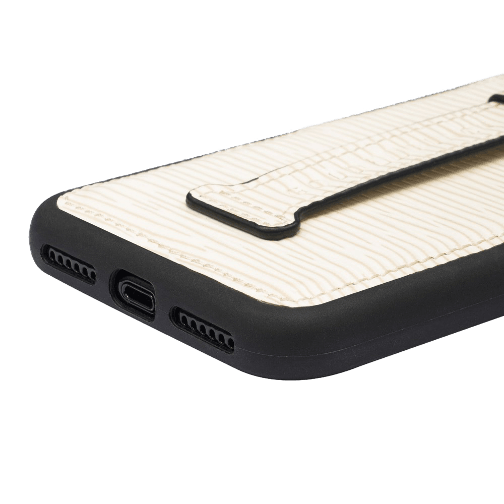 iPHONE 11 PRO LEDERHÜLLE MIT FINGERSCHLAUFE UNICO-Prägung WEIß - GOLDBLACKpremium