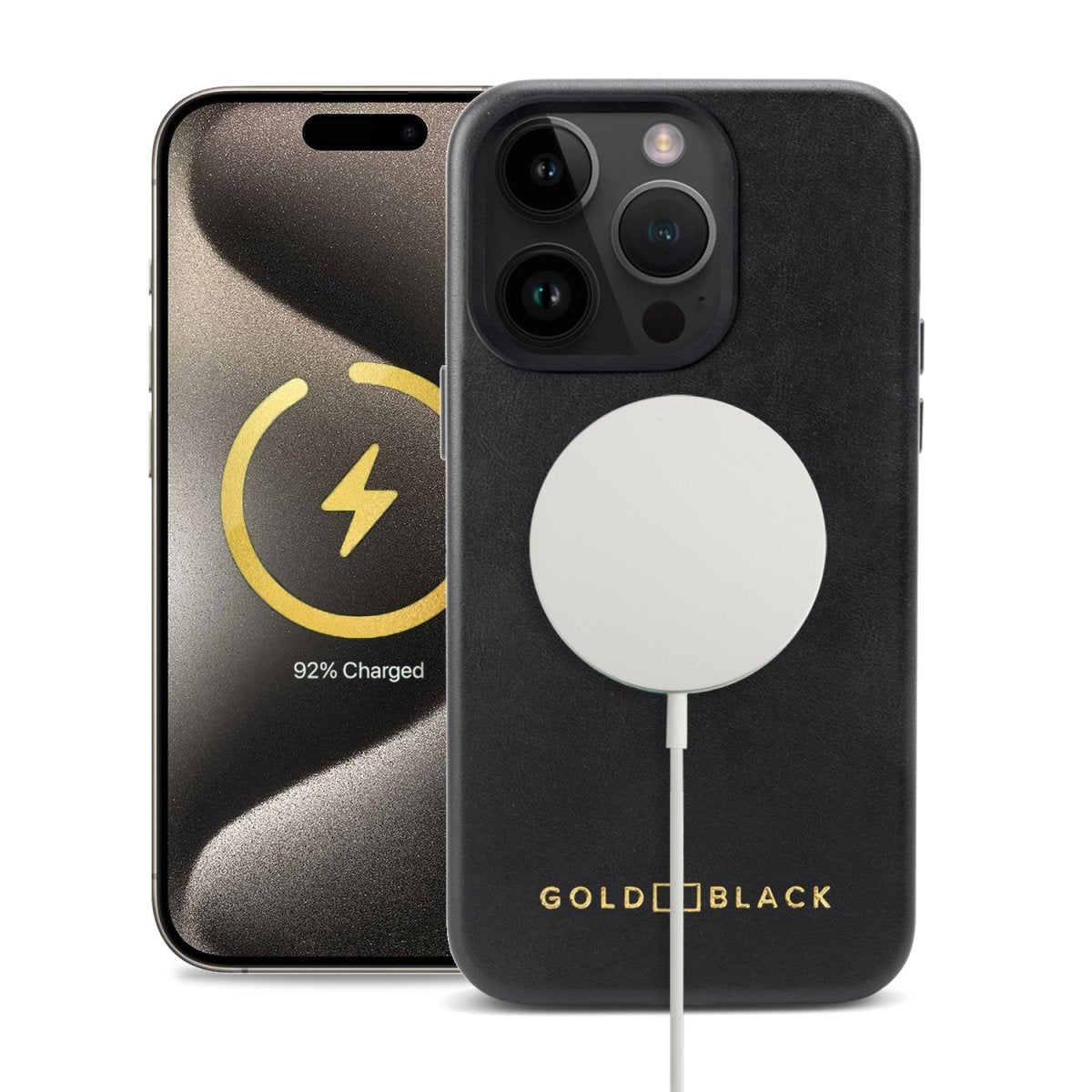 iPhone 15 Pro Lederhülle Luxe schwarz mit MagSafe - GOLDBLACKpremium